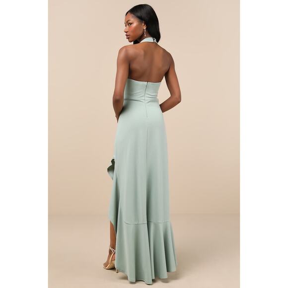 NWT Lulus Majestic Perfection Sage Green Ruffled Halter Maxi Dress Wedding Sz M - Picture 3 of 8